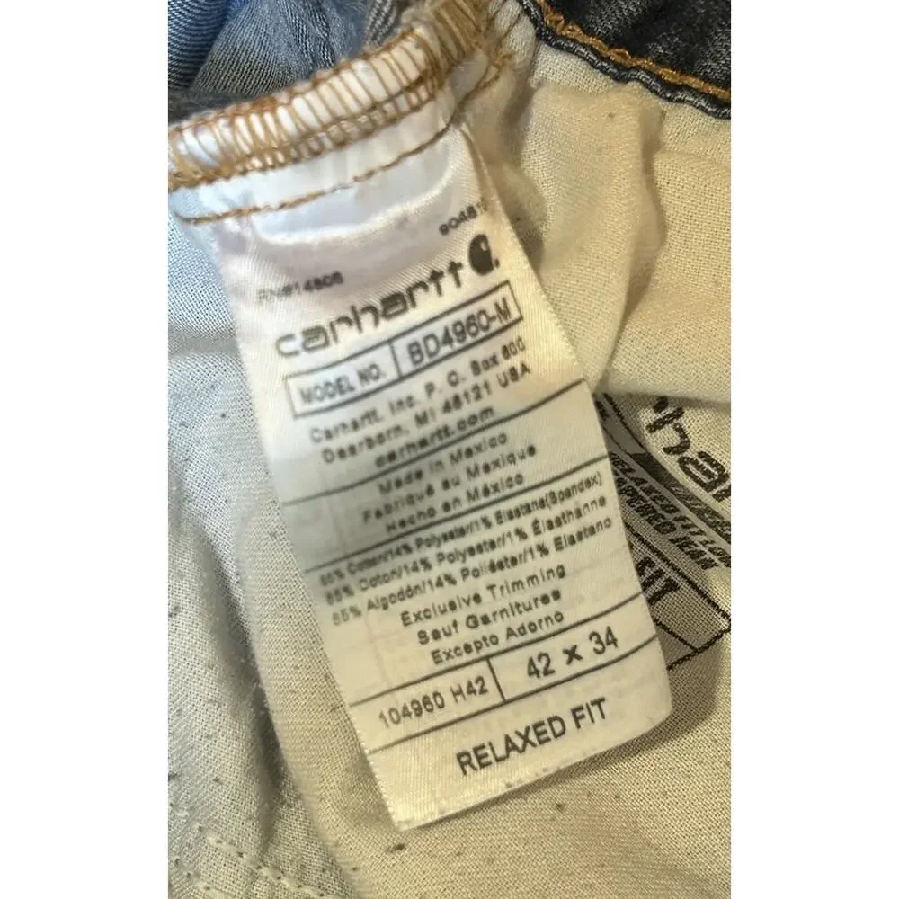 Carhartt Jeans Mens 42x34 Relaxed Fit Blue Denim Workwear Rugged Flex BD4960-M